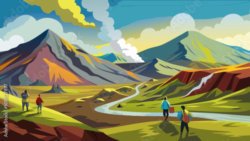 Vector art of hikers follow a winding river through a colorful mountain valley with a smoking volcano in the distance