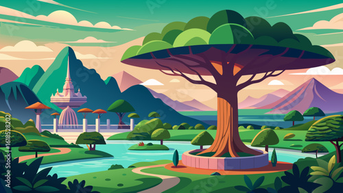 Vector art of a majestic, large tree with a wide canopy stands beside a river with fantastical architecture in the background
