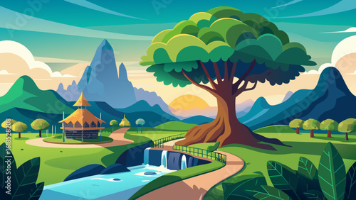 Vector art of a large, lush tree with a wide canopy is situated by a river with a small waterfall and a pagodastyle building