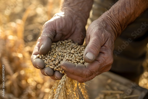 Elderly farmer proudly holds ripe golden wheat grains in weathered hands, celebrating harvest bounty in sun-drenched field