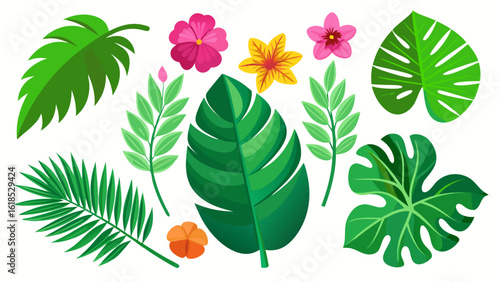 Vector art of assorted tropical leaves and flowers arranged in a pattern, isolated on a white background