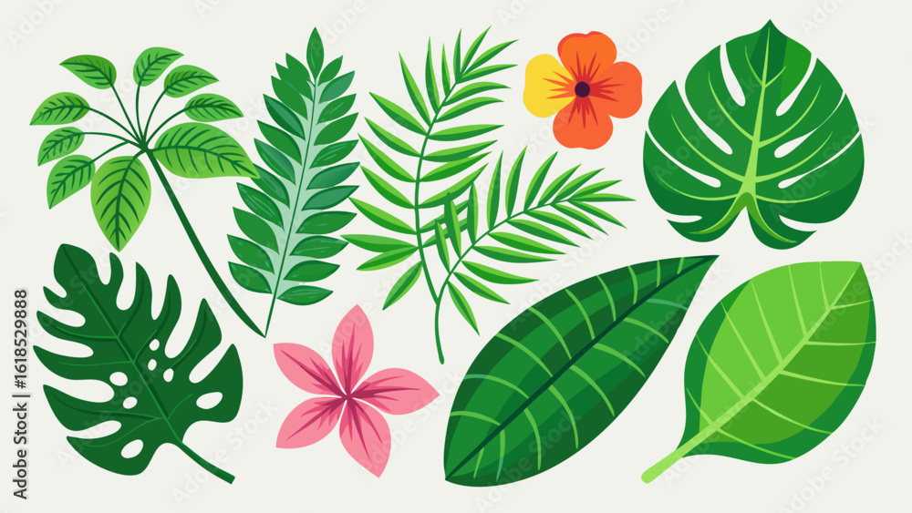 Naklejka premium Vector art of a collection of various tropical leaves and flowers isolated on a beige background