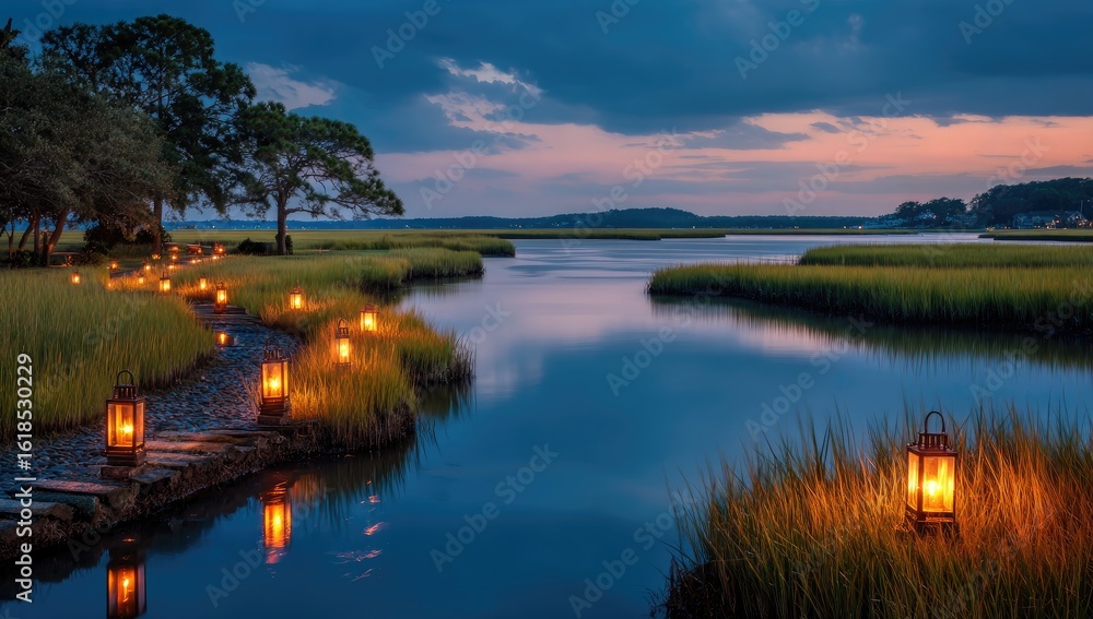 Fototapeta premium Serene waterway path at twilight