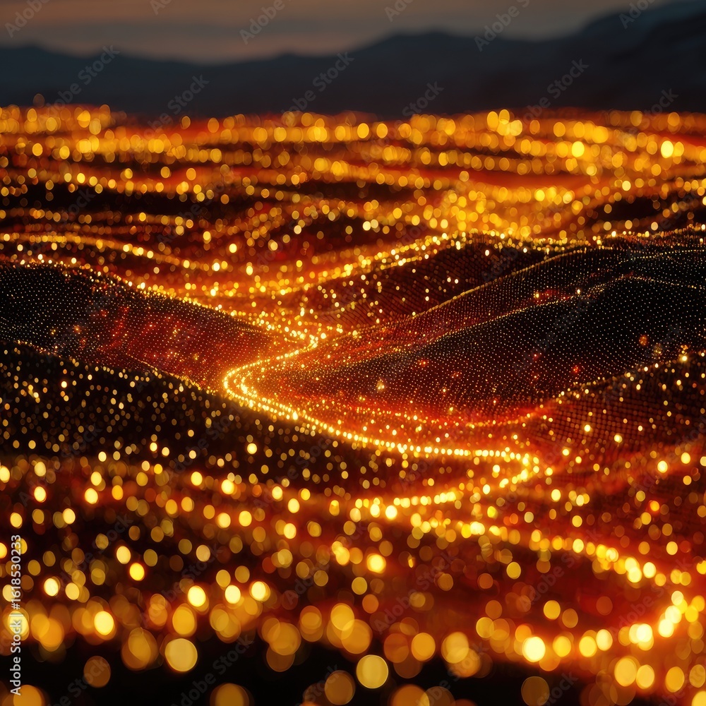 Fototapeta premium Golden city lights winding through hills at night