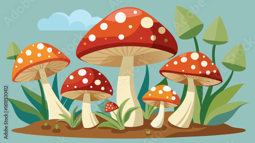 Vector art of an enchanting illustration showcasing a variety of mushrooms, including red and orange spotted varieties, in a forest
