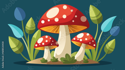 Vector art of a cluster of red and white spotted mushrooms grows in a whimsical forest setting with green leaves