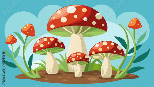 Vector art of a whimsical illustration of several red and white spotted mushrooms growing in a forest setting