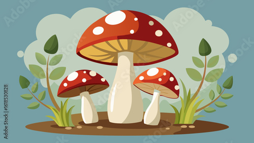 Vector art of a charming illustration depicting three red and white spotted mushrooms with delicate green leaves and a cloudy sky