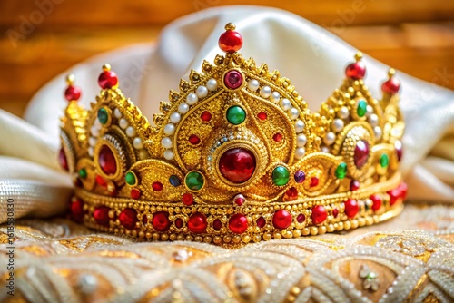 Wallpaper Mural An Exquisite Ornate Golden Crown Adorned With Red And Green Precious Gemstones And Pearls Resting On A Silk Cloth With Intricate Patterns Torontodigital.ca