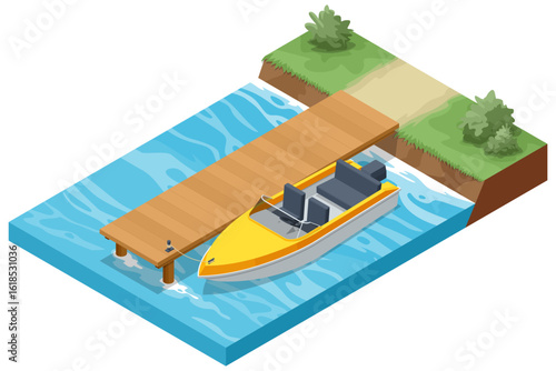 An isometric illustration of a yellow and white motorboat docked at a wooden pier on blue water, with a green grassy shore