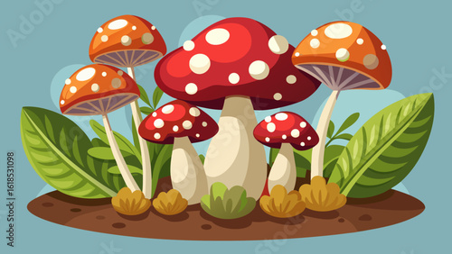 Vector art of a vibrant collection of red and orange spotted mushrooms thrives in a magical forest environment
