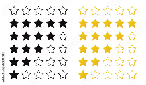 Star rate icons vector set. Star rate flat yellow and black style.