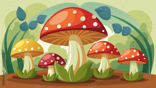 Vector art of a charming illustration featuring a variety of colorful mushrooms with white spots in a forest setting