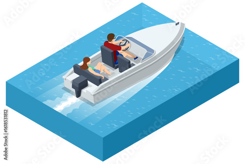 An isometric illustration of a man and a woman riding a white motorboat, creating waves on blue water, symbolizing speed and enjoyment of water sports