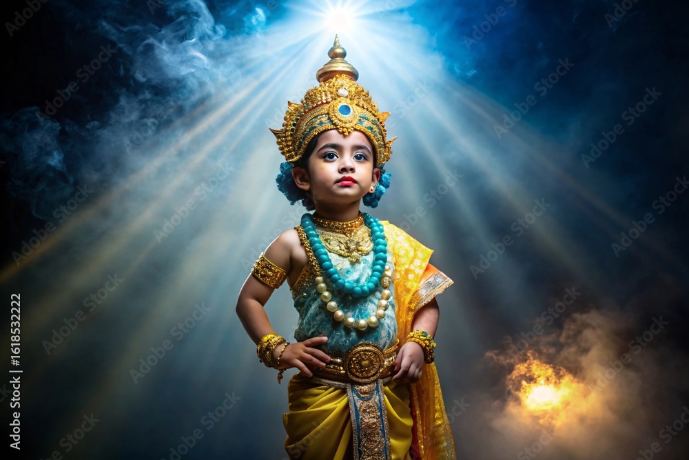 Fototapeta premium A young child adorned in a magnificent Krishna costume stands under a radiant light source emanating from above with a dramatic cloudy background enhancing the divine atmosphere
