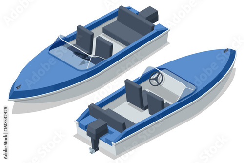 An isometric illustration showcasing two different designs of blue and white motorboats, ready for speed and recreation on the water.