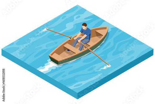 An isometric illustration of a person rowing a wooden boat on blue water, creating ripples, symbolizing peaceful solitary leisure and water sports