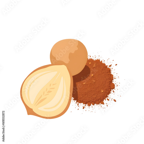 Whole nutmeg and ground powder on transparent  background  