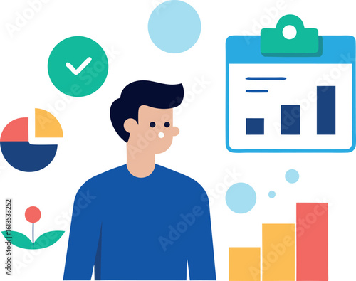 Clean Vector Of Man Analyzing Weekly Report With Goals