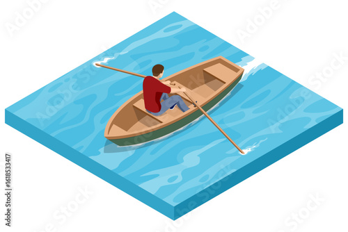 An isometric illustration of a person rowing a wooden boat on blue water, creating ripples, symbolizing peaceful solitary leisure and water sports