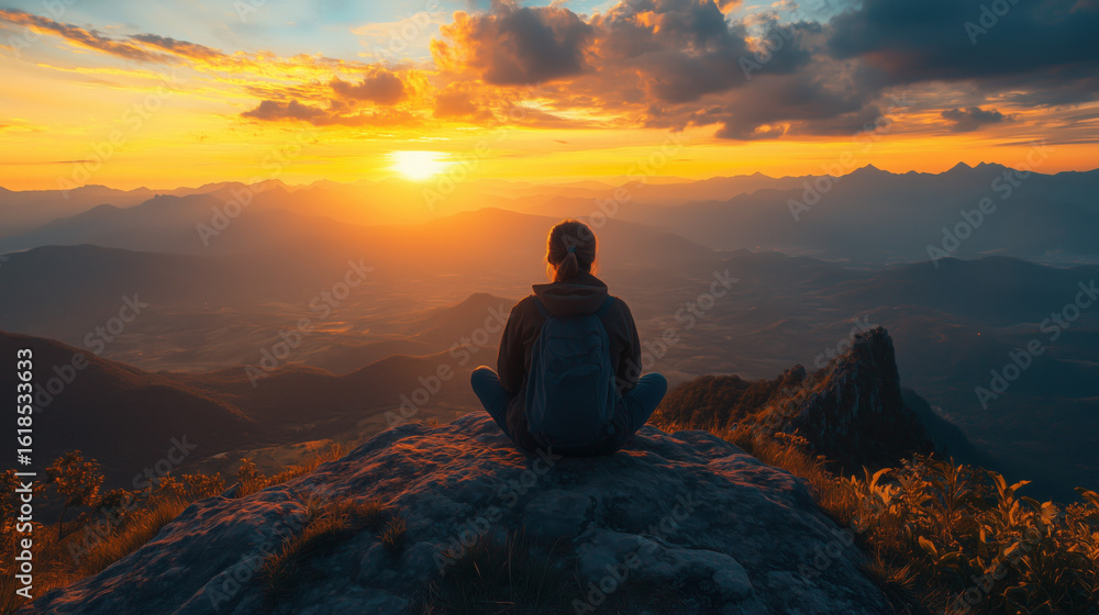 Obraz premium a solo traveler sitting on a rock, gazing at a panoramic sunset view from a high viewpoint
