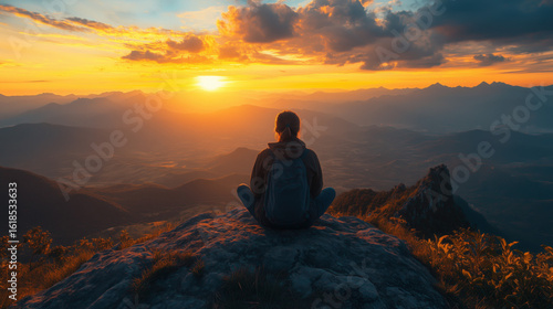 Wallpaper Mural a solo traveler sitting on a rock, gazing at a panoramic sunset view from a high viewpoint Torontodigital.ca