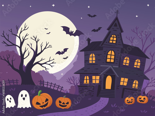 A spooky Halloween night illustration with a haunted castle, full moon, and bats flying over silhouetted trees and pumpkins