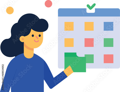 Female Character Planning Weekly Goals With Sticky Notes