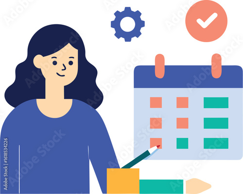 Flat Vector Of Woman Writing Schedule With Planner
