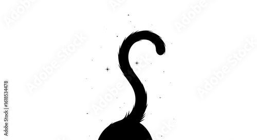Curved black cat tail with fur and specks on white background