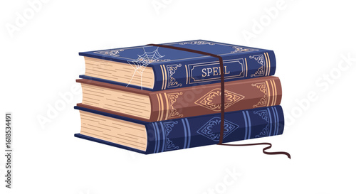 Stack of vintage spell books tied with string on white background
