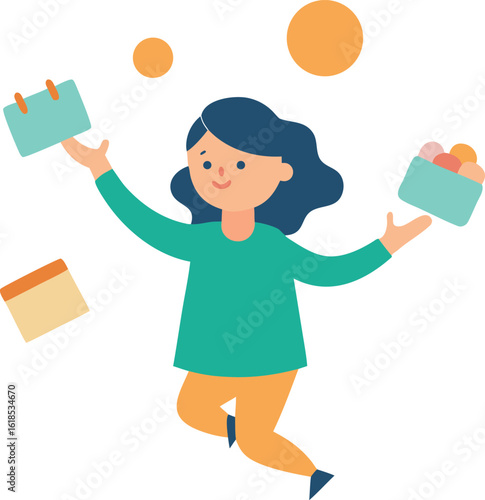 Girl Juggling Tasks Using Sticky Notes And Calendar