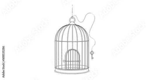 Empty hanging birdcage with floating key on white background