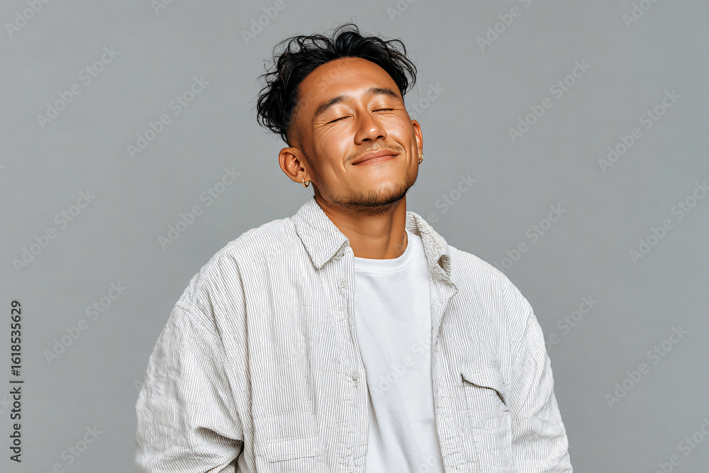 Fototapeta premium Relaxed East‑Asian Office Worker Mid‑Exhale – Studio Copy‑Space Portrait