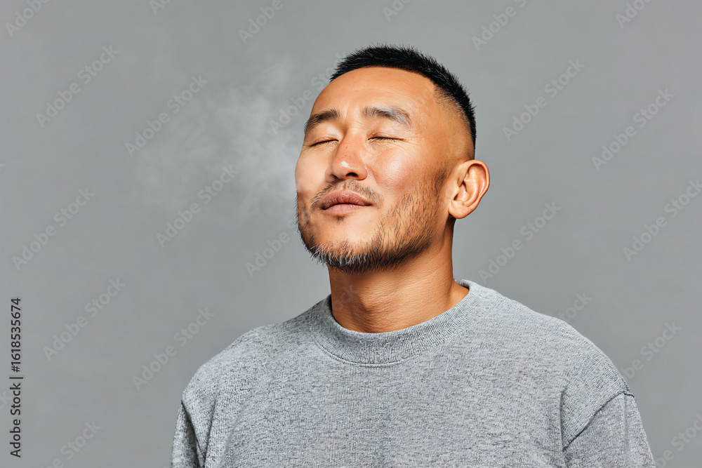 Obraz premium Young Asian Man Exhaling Calm Breath on Light Grey Background for Wellness Ads