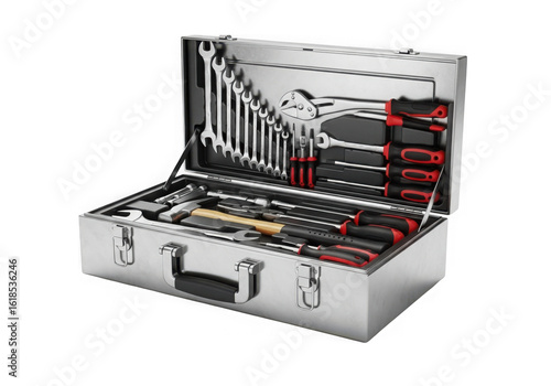 An open metal toolbox filled with tools is ready for any repair isolated on transparent background
