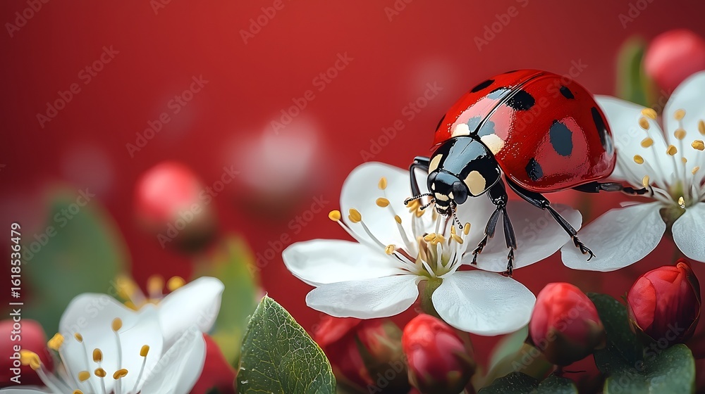 Fototapeta premium Delicate ladybug resting on a spring flower