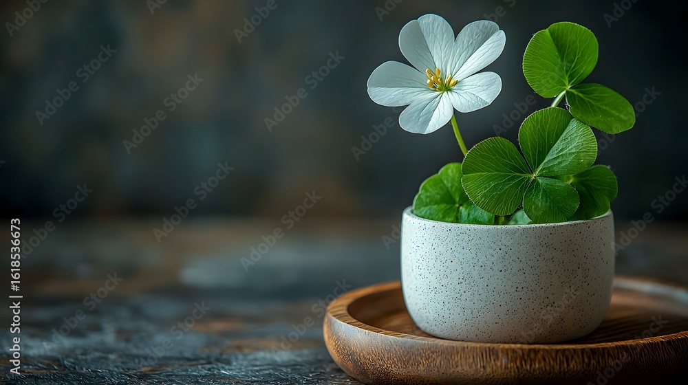 Fototapeta premium A flourishing plant with white flowers in a ceramic pot on a wooden surface