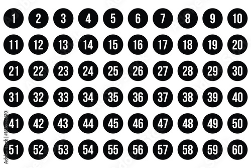 Number Bullet Icons in Circles 1–60.  Clean Vector Set for Info Design and Presentation Slides. simple bullet point number icon set.