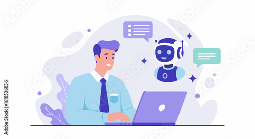 A smiling man is interacting with a chatbot on a laptop, exchanging messages.