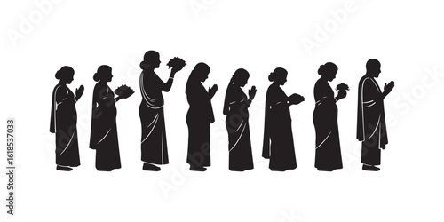Silhouetted Figures in Traditional Garb Holding Flowers or Praying