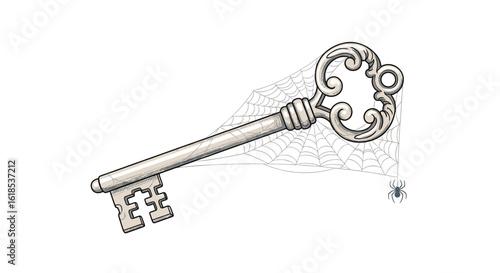 Vintage key with spider and web on white background