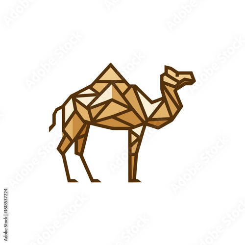 A geometric representation of a camel standing against a minimalist background