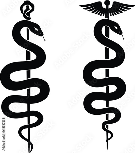Black medical symbols vector set, featuring the Rod of Asclepius and Caduceus, ideal for healthcare, medicine, or pharmacy designs, isolated on a white background.