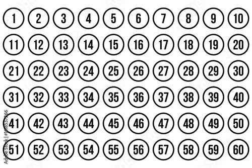 Number Bullet Icons in Circles 1–60.  Clean Vector Set for Info Design and Presentation Slides. simple bullet point number icon set.