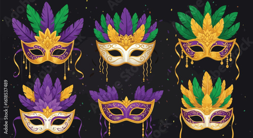 Assortment Of Mardi Gras Masks With Feathers And Glitter On Dark Background masquerade