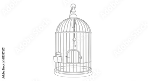 Empty birdcage with lock and perch on white background