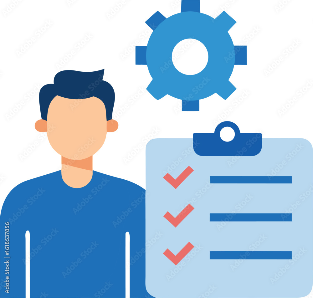 Man With To Do List And Gear Icon Concept Of Productivity Man With To Do List And Gear Icon Concept Of Productivity