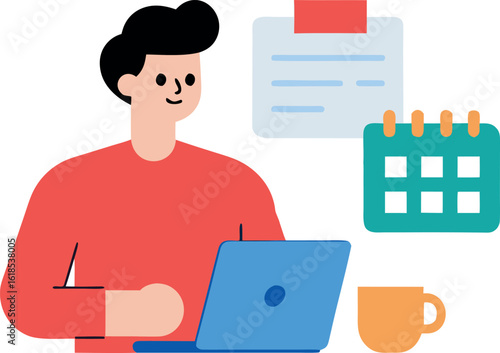 Male Character Organizing Week With Paper Planner