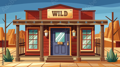 A wild west saloon exterior with entrance swinging doors-gates one of the western part of the United States stands under a blazing sun. Semi-realistic vector style captures aged wood and shadow.